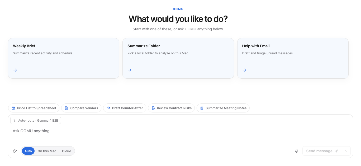 The OOMU window, asking "What would you like to do?" with three starting jobs, Weekly Brief, Summarize Folder, and Help with Email, and a box that says "Ask OOMU anything." Below it, a switch set to Auto, with On this Mac and Cloud as the other choices.
